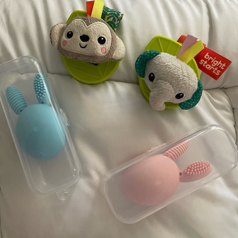 Twin accessory baby bundle: Bunny Rattles/Baby Toothbrushes & wrist rattles